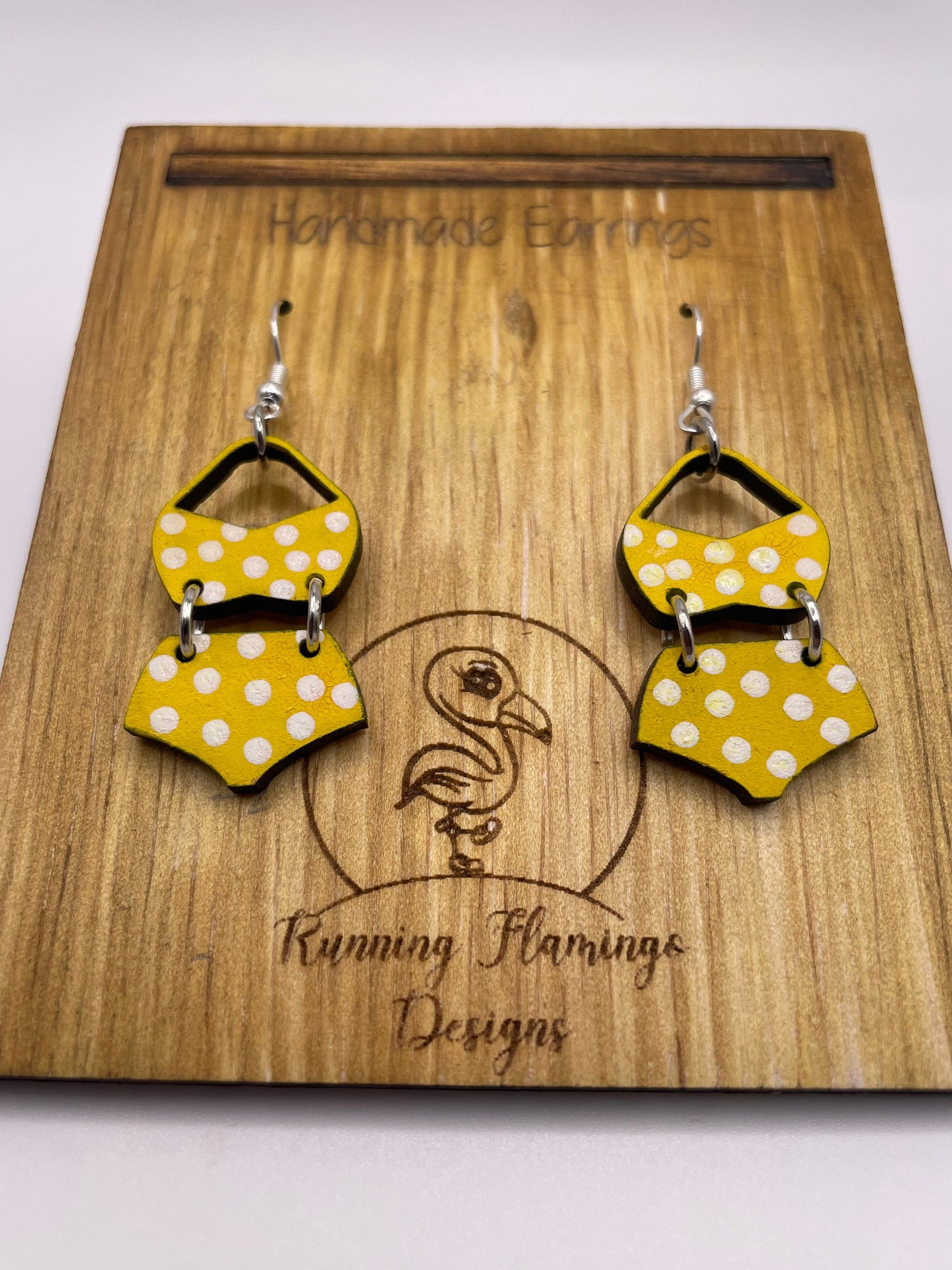 Bathing suit earrings, summer earrings, fun jewelry, polka dot bikini, dangle earrings, wood earrings, gift for her, birthday gift, swimsuit