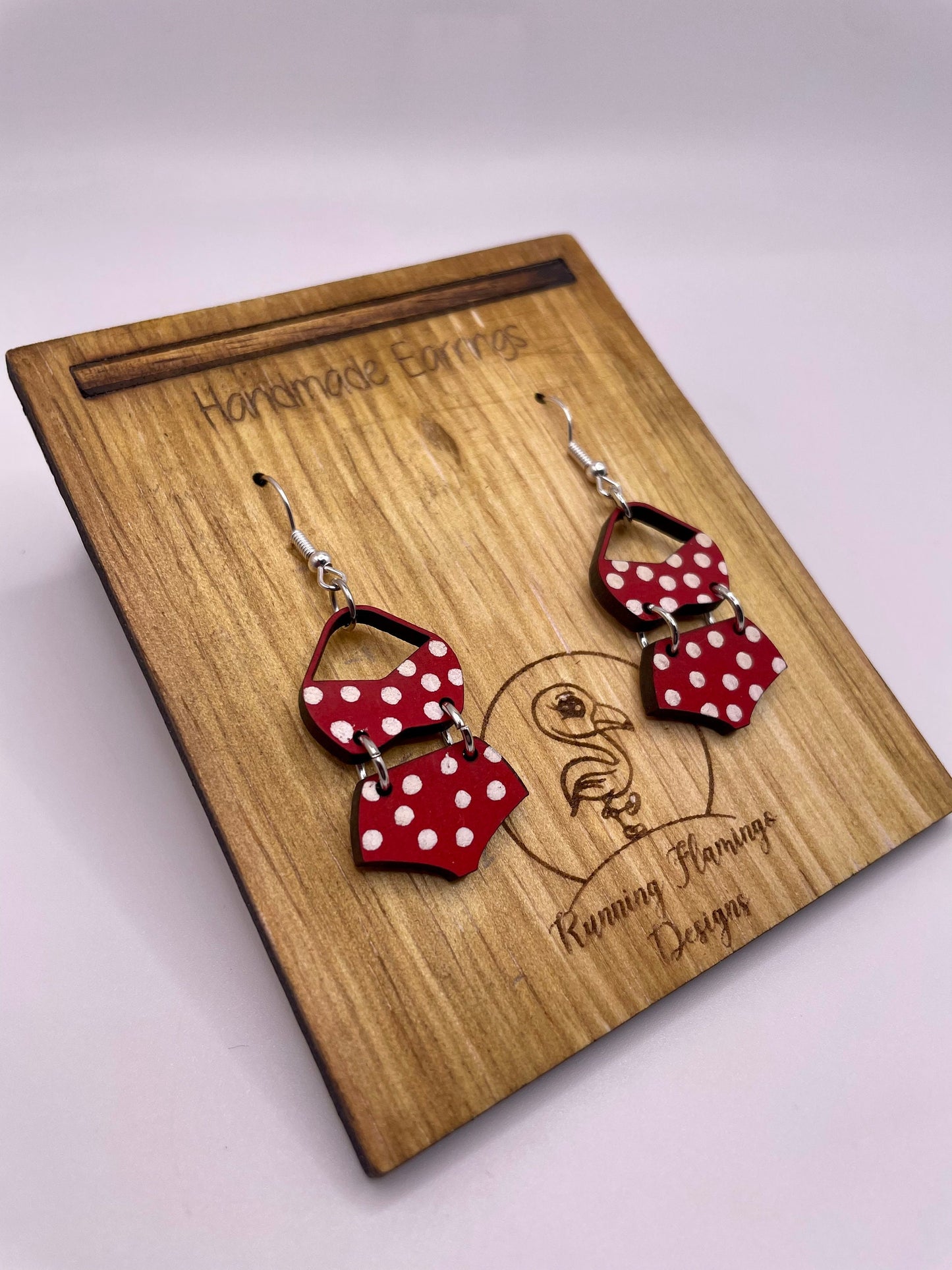 Bathing suit earrings, summer earrings, fun jewelry, polka dot bikini, dangle earrings, wood earrings, gift for her, birthday gift, swimsuit