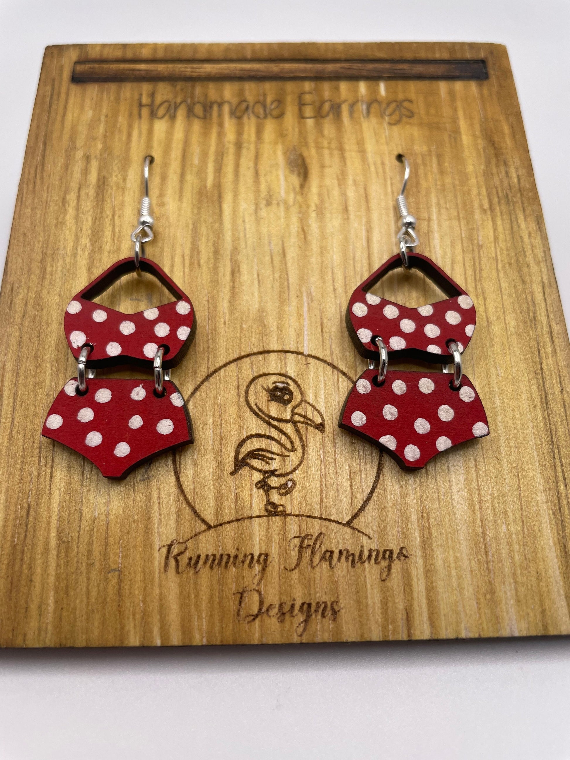 Bathing suit earrings, summer earrings, fun jewelry, polka dot bikini, dangle earrings, wood earrings, gift for her, birthday gift, swimsuit