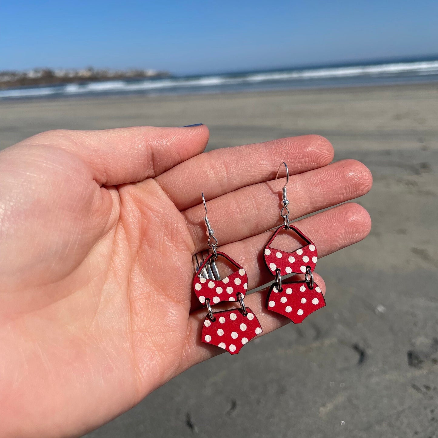 Bathing suit earrings, summer earrings, fun jewelry, polka dot bikini, dangle earrings, wood earrings, gift for her, birthday gift, swimsuit