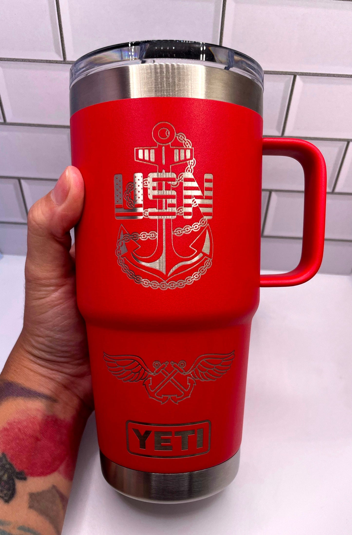 20 oz engraved tumbler, engraved yeti, yeti tumbler, engraved yeti cup, travel mug, navy Chief, submarine dolphins