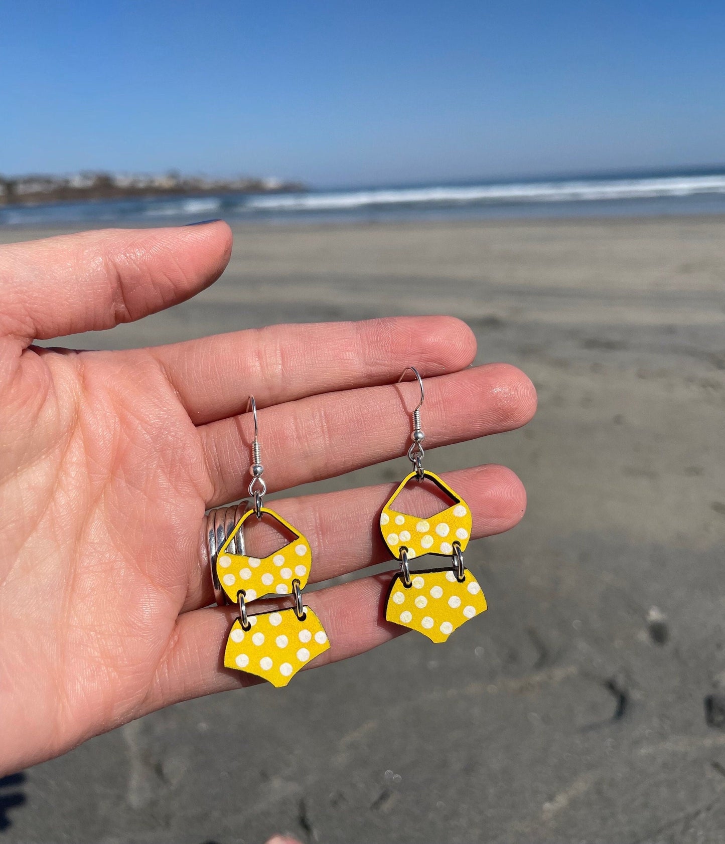 Bathing suit earrings, summer earrings, fun jewelry, polka dot bikini, dangle earrings, wood earrings, gift for her, birthday gift, swimsuit