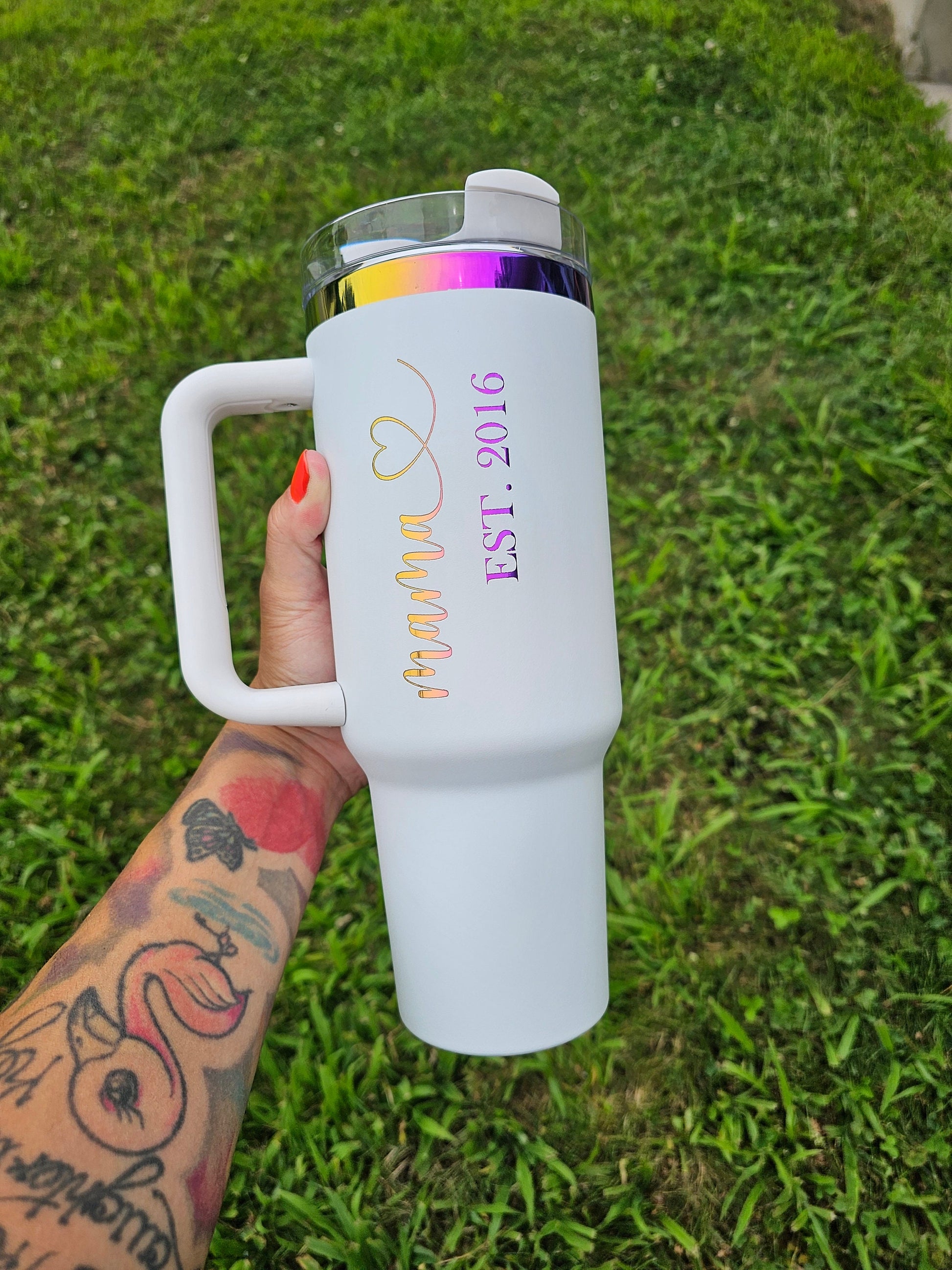 40 oz Rainbow Tumbler, custom tumbler, chrome tumbler, engraved tumbler, gift for mom, gift for her, custom cup